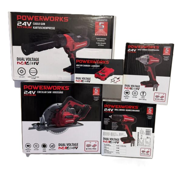 Powerworks 24V Akku-Werkzeug Set - 5-teilig + 2 Akkus & Lader